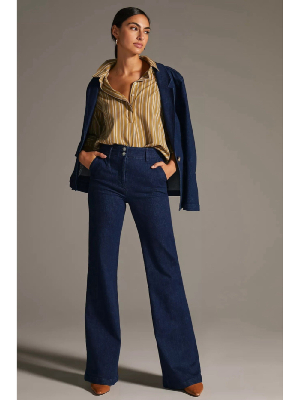 Meave Anthropologie 24 High Rise Tailored Flare Jeans Dark Wash EUC Stretch